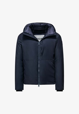 Marineblaue gepolsterte Jacke mit einem Reißverschluss vorne, hohem Kragen und langen Ärmeln mit verstellbaren Innenbündchen.