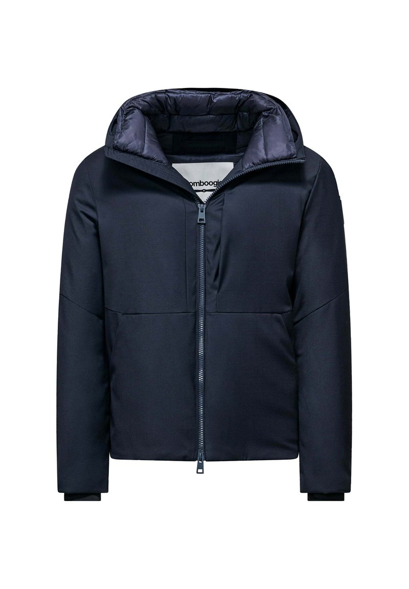 Giacca imbottita blu navy con chiusura frontale a zip, colletto alto e maniche lunghe con polsini interni regolabili.
