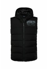 Svart uppblåsbart väst med dragkedja framtill, huva och sidofickor. Har tryckt text "BROOKLYN URBAN CLOTHING" i silver på bröstområdet.