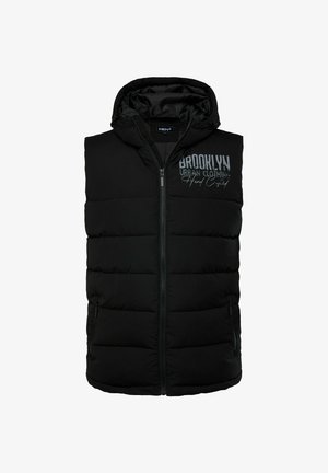 Mustat puhviviitat, joissa on vetoketju edessä, huppu ja sivutaskut. Rinnassa on hopealla painettu teksti "BROOKLYN URBAN CLOTHING".