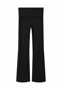 Czarne rozkloszowane legginsy do jogi wykonane z elastycznego materiału, z szerokim pasem w talii i gładką, matową teksturą, z detalem logo po bokach.