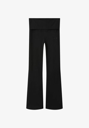 Črne flare jogijske hlače iz elastičnega materiala, z širokim pasom in gladko, mat teksturo ter logotipom na strani.