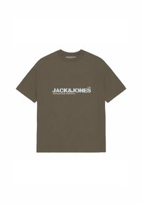 Olivgrünes Baumwoll-T-Shirt mit kurzen Ärmeln und runden Halsausschnitt. Auf der Vorderseite befindet sich ein fetter, weißer Text mit dem Markennamen und Details.