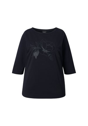 T-shirt bleu marine à manches trois-quarts, avec un motif floral brodé en fil argenté sur le devant. Matière en coton lisse.