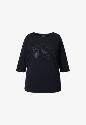 Marineblauwe t-shirt met driekwartmouwen, voorzien van een geborduurd bloemenontwerp in zilveren draad op de voorkant. Gladde katoenen stof.