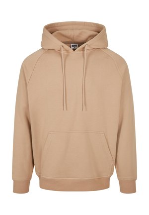 Beige hettegenser med kengurulomme, ribbede mansjetter og hem. Laget av myk stoff med avslappet passform og raglanermer.