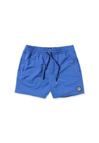 Shorts de bain bleus en tissu léger, dotés d'une taille élastique avec cordon de serrage, de poches latérales et d'un patch graphique distinctif.