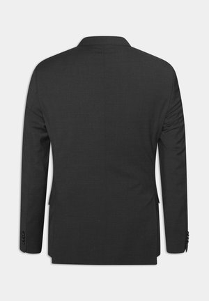 Kohlgrauer Anzugjacke mit taillierter Passform, zwei hinteren Schlitzen, Spitzrevers und knöpfbaren Manschetten, aus einem glattem und strukturierten Stoff.