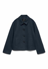 Temno modra jakna na gumbe z dolgimi rokavi, širokim ovratnikom in dvema sprednjima žepoma.