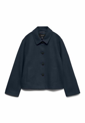 Tamsiai mėlynas švarkas su sagomis, ilgomis rankovėmis, plačiais atlapais ir dviem priekinėmis kišenėmis.