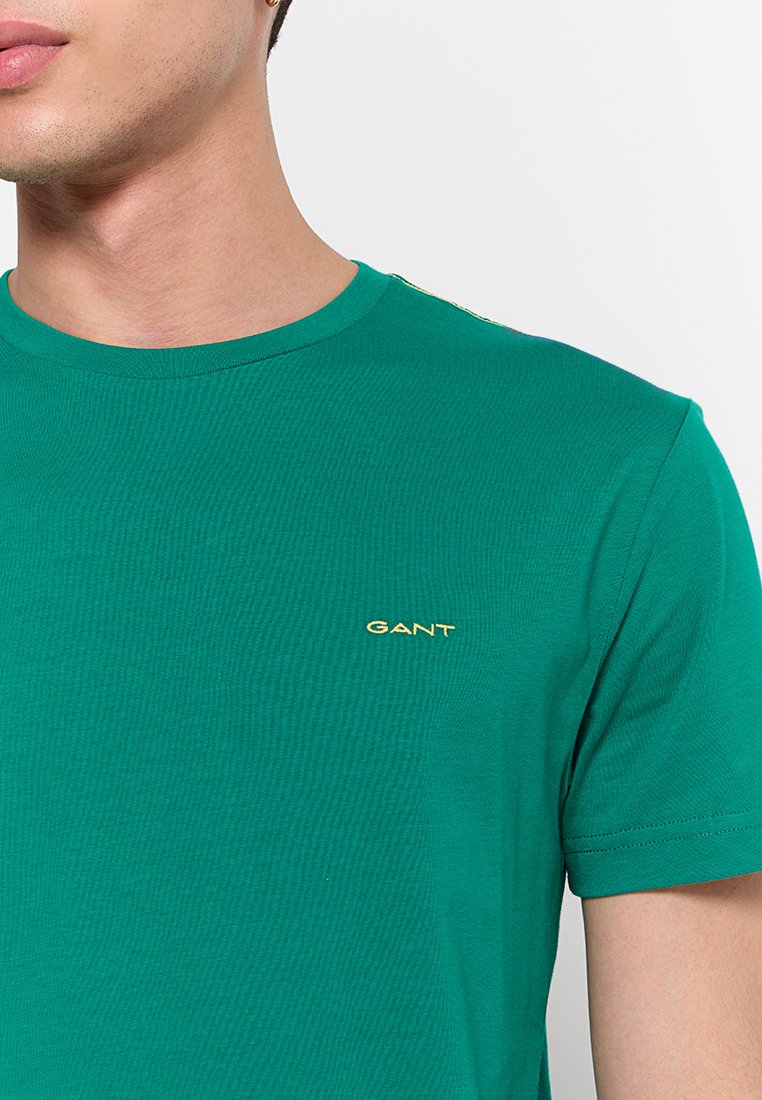 Acercamiento a una persona que lleva una camiseta de cuello redondo de la marca GANT en color verde y de manga corta, sobre un fondo blanco.