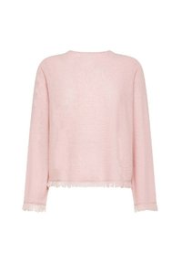 Maglione lungo rosa chiaro a maniche lunghe con scollo rotondo e orli sfrangiati sulle maniche e sull'orlo, mostrato da dietro su uno sfondo bianco.