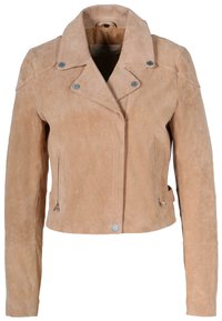 Beige mockaskinnmotorcykeljacka med en figurnära design, spetsig krage och silverfärgade tryckknappar. Har dragkedjefickor på sidorna.