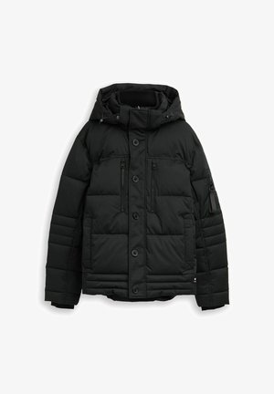 Mustade puhvjakid, mis omavad kapuutsi, lukuga rinna Taskud, nööpidega esiosa, soonikkrae ja tikanditeks tekstuuri soojustamiseks.