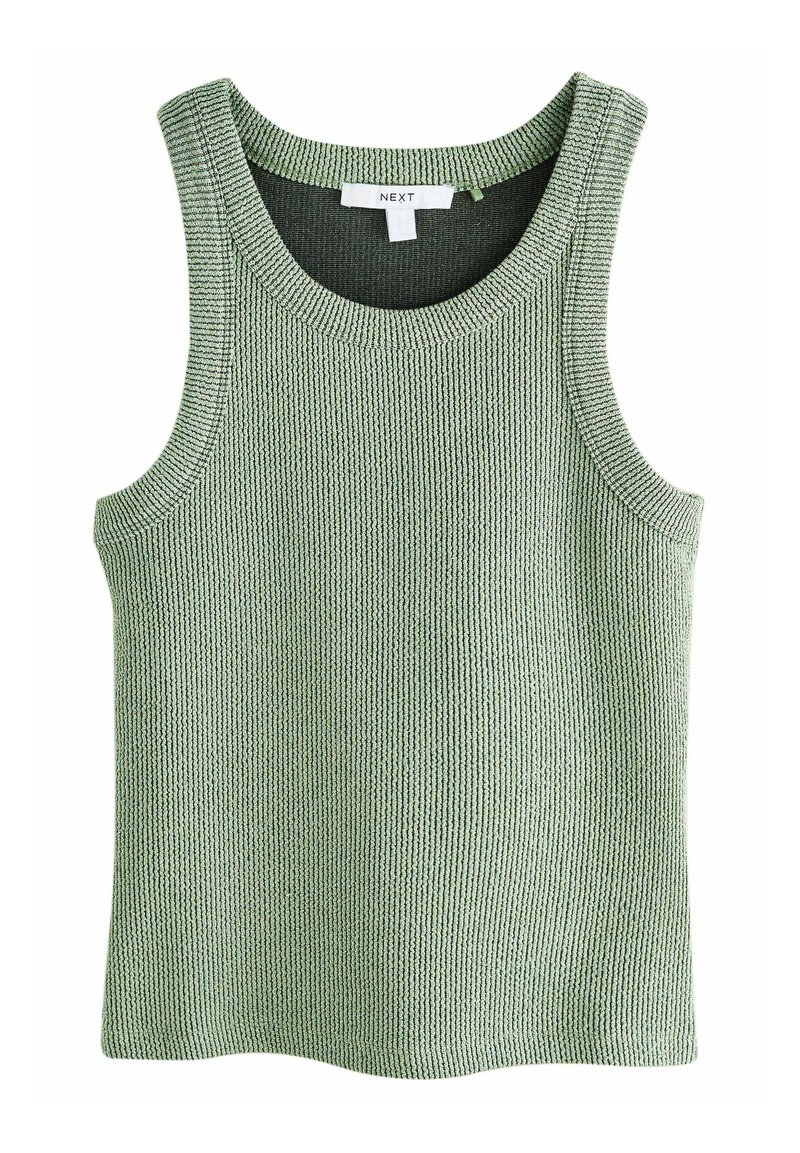 Groene geribde gebreide tanktop met een ronde halslijn en brede schouderbanden, met een textuur en ademend materiaal. Etiket zichtbaar aan de bovenkant.