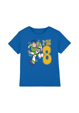 Blue children's T-shirt with Buzz Lightyear in a running pose and yellow text "I'M 8" on the front.