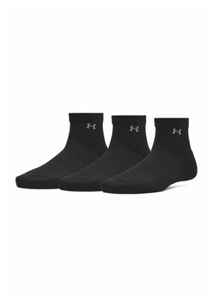 Three pairs of black ankle socks with gray Under Armour logos near the cuffs, displayed side by side on a white background.