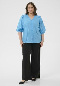 Blouse bleu clair à manches courtes avec un col en V et une patte de boutonnage; dotée d'un motif texturé; associée à un pantalon noir à jambes larges et des chaussures à bouts pointus.