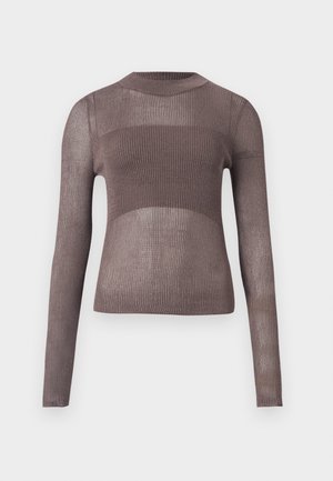 Top in maglia a maniche lunghe con costo ripetuto di colore taupe tenue. Design aderente con scollatura rotonda e sezioni trasparenti. Dettagli di superficie testurizzata.