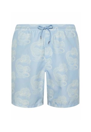 Costume da bagno azzurro chiaro con motivi di draghi bianchi e vita con coulisse frontale.