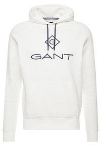 Sudadera blanca con capucha y bolsillo frontal, cordones en color marino y logo "GANT" bordado en color marino en el pecho.
