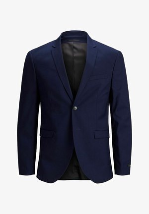 Tumši zils žakets ar vienu pogu, izgrieztām atlokām, divām priekšējām kabatām un gludu iekšējo oderi. Klasisks piegriezuma dizains.