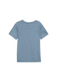 Korte mouwen, ronde hals t-shirt van lichtblauwe katoen. Heeft een effen kleur met een gladde textuur en gestikte zomen.
