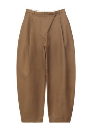 Loose-fit brown trousers with pleats, belt loops, and a high waist, displayed against a white background.