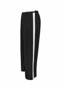 Czarne spodnie o luźnym kroju, z białą pionową linią po boku. Wykonane z gładkiego materiału o prostym kroju.