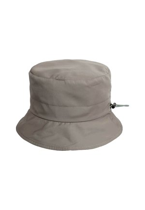 Gray bucket hat made of smooth fabric with a rounded top, wide brim, and an adjustable strap with toggle detail on the side.