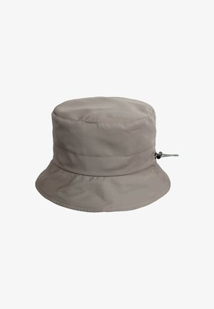 Gray bucket hat made of smooth fabric with a rounded top, wide brim, and an adjustable strap with toggle detail on the side.