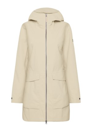 Helle beige wasserdichte Parkajacke mit Kapuze, Frontreißverschluss, zwei großen Fronttaschen und Druckknopfärmeln. Glatte, matte Oberfläche.