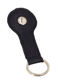 Schwarzer Leder-Schlüsselanhänger mit silbernem Metall-Druckknopf und rundem Schlüsselring auf weißem Hintergrund.