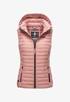 Světlá růžová prošívaná vesta bez rukávů se zapínáním na zip vpředu, vysokým límcem a dvěma bočními kapsami na zip.