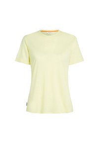 Lichtgele t-shirt met korte mouwen, een subtiel gestreept patroon en een contrasterende oranje halslijn. Zachte stof met een relaxte pasvorm.