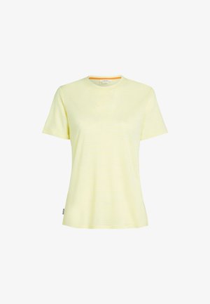 Helles gelbes T-Shirt mit kurzen Ärmeln und einem dezenten gestreiften Muster sowie einem kontrastierenden orangen Kragen. Weicher Stoff mit lockerer Passform.