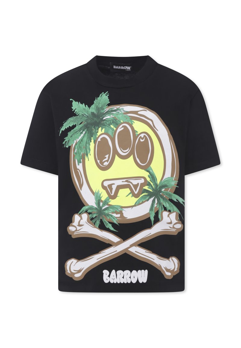 Czarna koszulka z krótkim rękawem z dużą grafiką przedstawiającą żółtą uśmiechniętą buźkę, palmy i czaszki, z napisem "BARROW" poniżej.