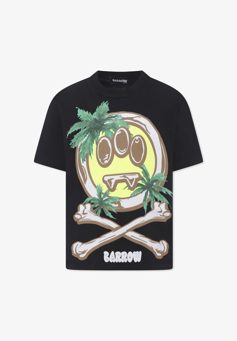 Czarna koszulka z krótkim rękawem z dużą grafiką przedstawiającą żółtą uśmiechniętą buźkę, palmy i czaszki, z napisem "BARROW" poniżej.