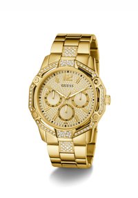 Montre analogique dorée avec un cadran texturé, trois sous-cadrans et des accents en strass. Boîtier octogonal et bracelet à maillons avec finition brillante.