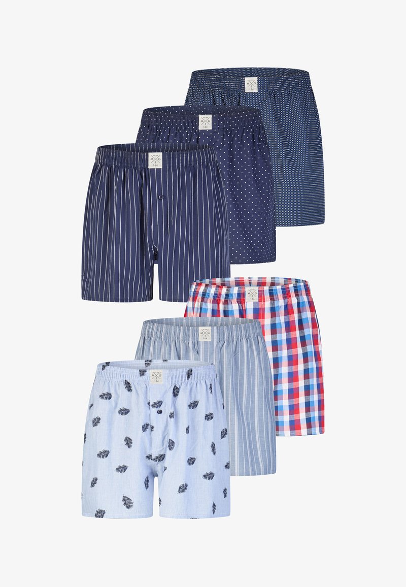 Ensemble de six boxers pour homme avec différents motifs : rayures marine, pois marine, carreaux bleus, feuilles bleu clair et rayures verticales bleues.