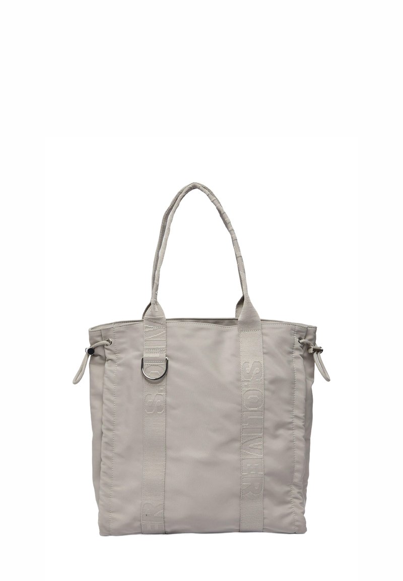 Grijze stoffen tote bag met twee korte handvatten, voorzien van een gestikt logoaccent en verstelbare zijkleppen voor extra opslagflexibiliteit.