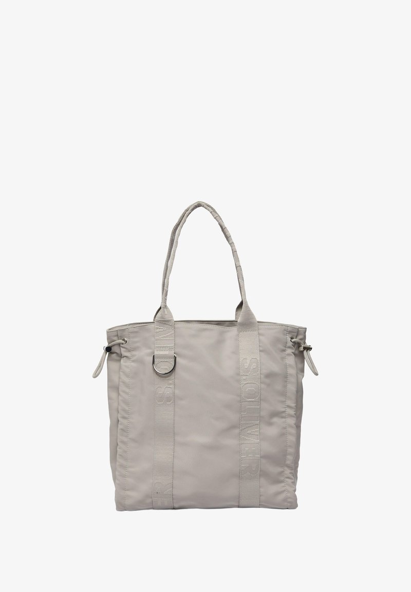 Grijze stoffen tote bag met twee korte handvatten, voorzien van een gestikt logoaccent en verstelbare zijkleppen voor extra opslagflexibiliteit.