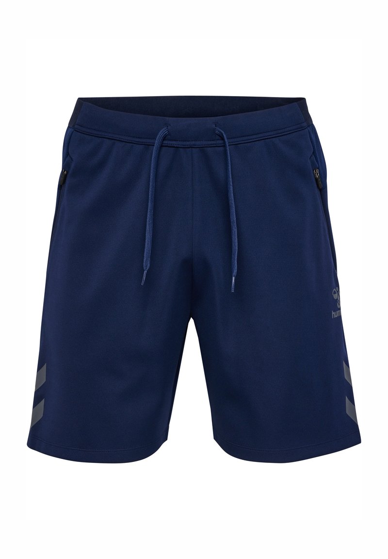 Pantalones cortos deportivos de color azul marino con una cinturilla ajustable con cordón, bolsillos con cremallera en los laterales y rayas reflectantes en gris a los lados. Fabricados en una tela suave.