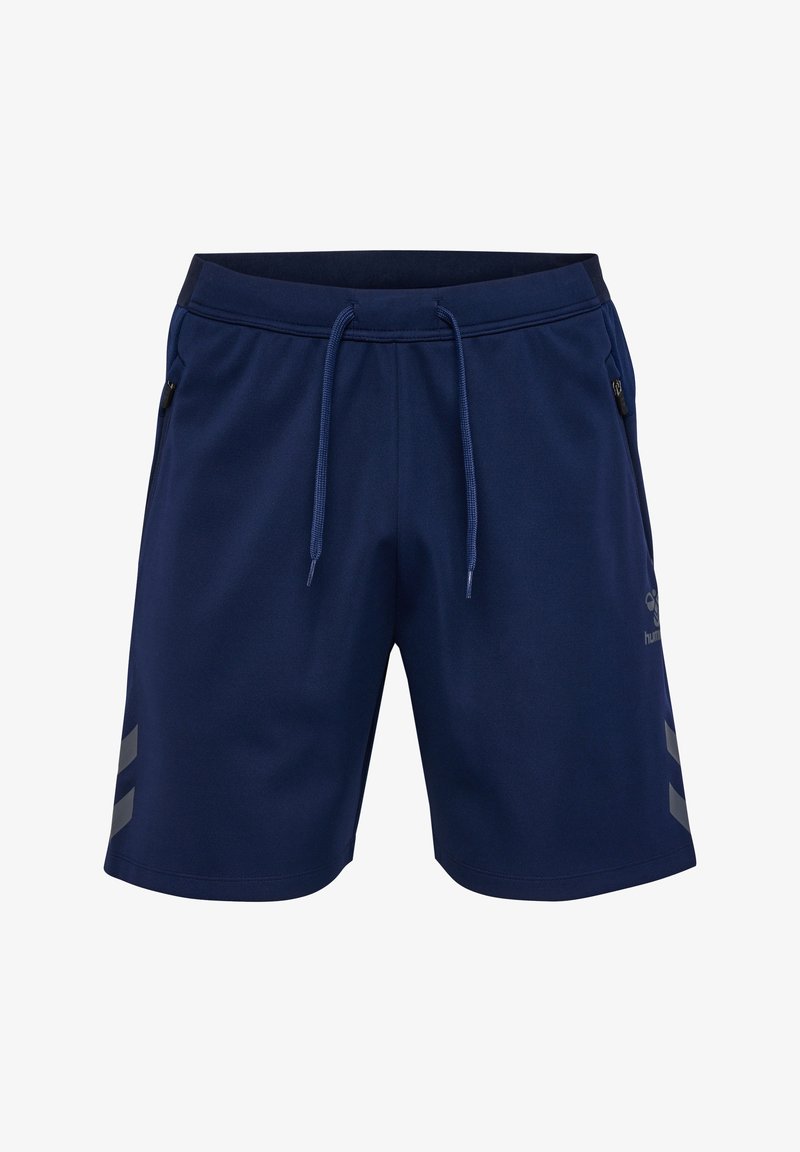 Pantaloni corti sportivi blu navy con cintura regolabile, tasche laterali con zip e strisce riflettenti grigie sui lati. Realizzati in tessuto morbido.