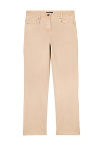 Beige rechte jeans gemaakt van een zachte katoenmix. Voorzien van een vijf-pocket ontwerp, metalen knoopsluiting en contrasterende stiksels.