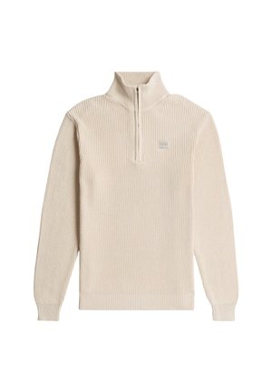 Lichtbeige pullover met kwart-ritssluiting, geribbelde structuur, ingezette lange mouwen en een klein logoplaatje op de borst. Machinaal gebreide stof.