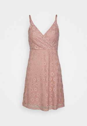 Sleeveless dusty pink lace dress with floral pattern, V-neckline, and adjustable spaghetti straps, knee-length with wrap-style bodice.