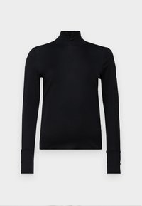 Schwarz, langärmliges Rollkragenoberteil aus glattem Stoff, mit einer taillierten Silhouette und Knopfdetails an den Manschetten.