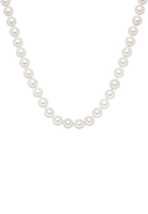 String of round, white pearls with a smooth surface, uniform shape, and a slight sheen, evenly spaced on a thin, translucent string.