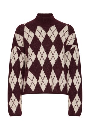 Maglione in maglia bordeaux con motivo argyle crema, collo alto e maniche larghe. Tessuto morbido, design corto e orlo a costine.